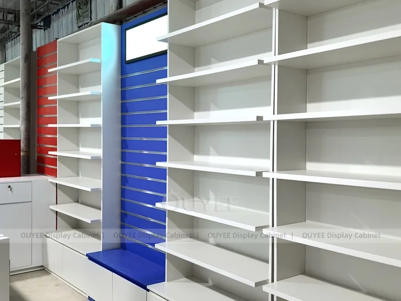 Red Blue Pharmacy Wall White Shelving Display - Image 9