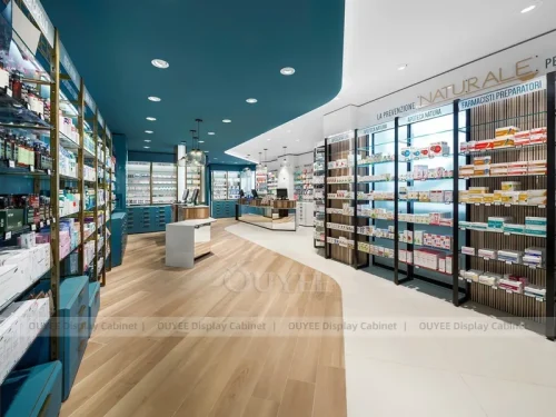 Teal Ceiling Pharmacy Wall Low Shelving Display