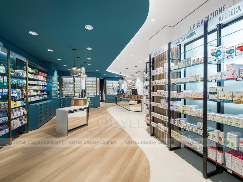 Teal Ceiling Pharmacy Wall Low Shelving Display - Image 2