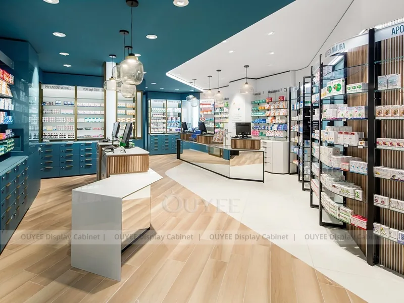 Teal Ceiling Pharmacy Wall Low Shelving Display - Image 3