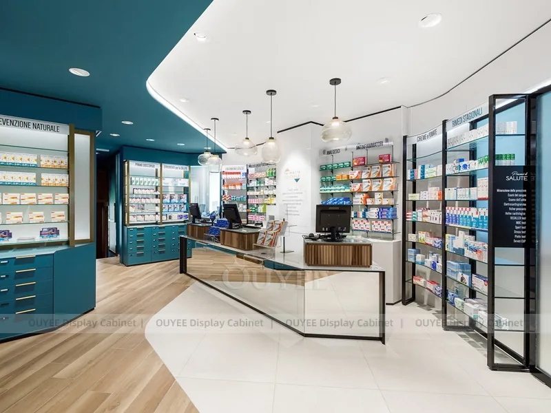 Teal Ceiling Pharmacy Wall Low Shelving Display - Image 5
