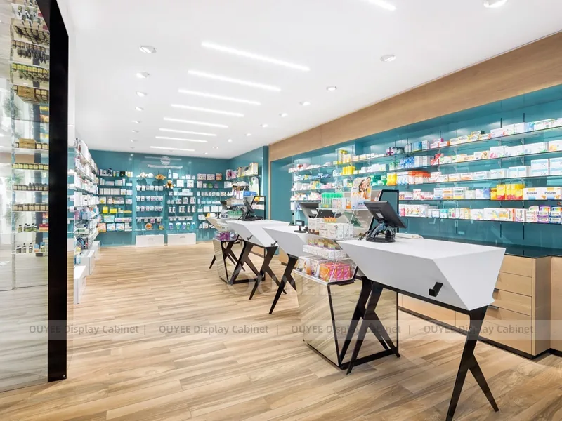Teal Pharmacy Wall Shelving