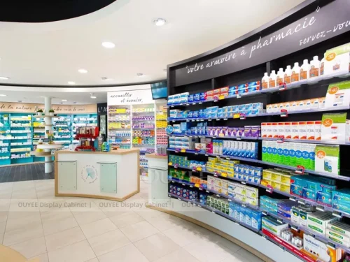 Teal Pharmacy Wall Shelving With Low Bay