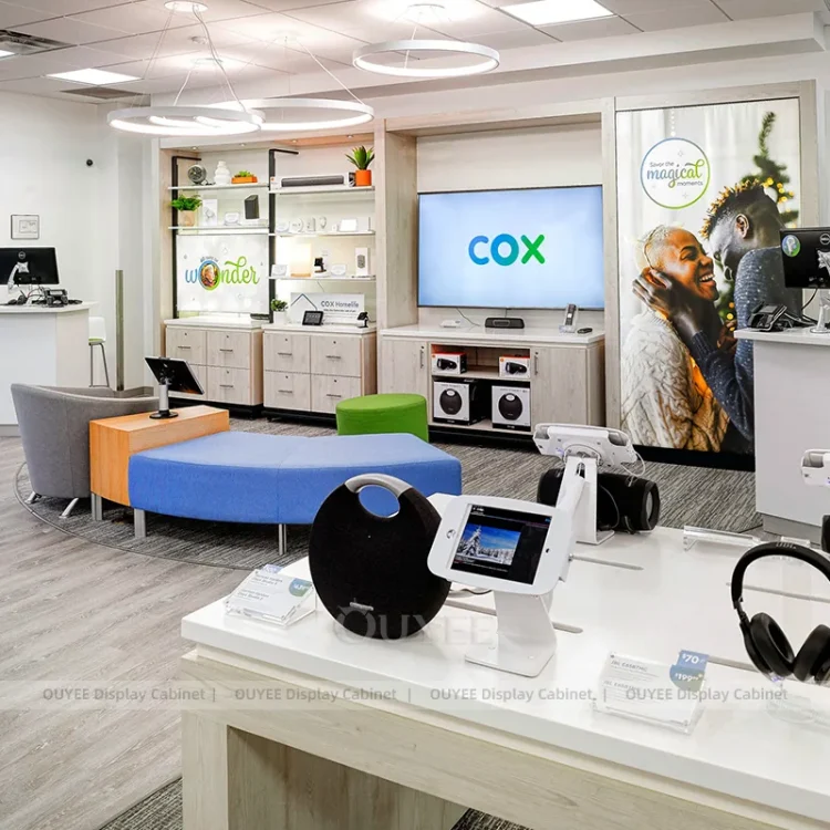 Telecom Experience Demo Tables with Perimeter Cabinets | Custom Display ...