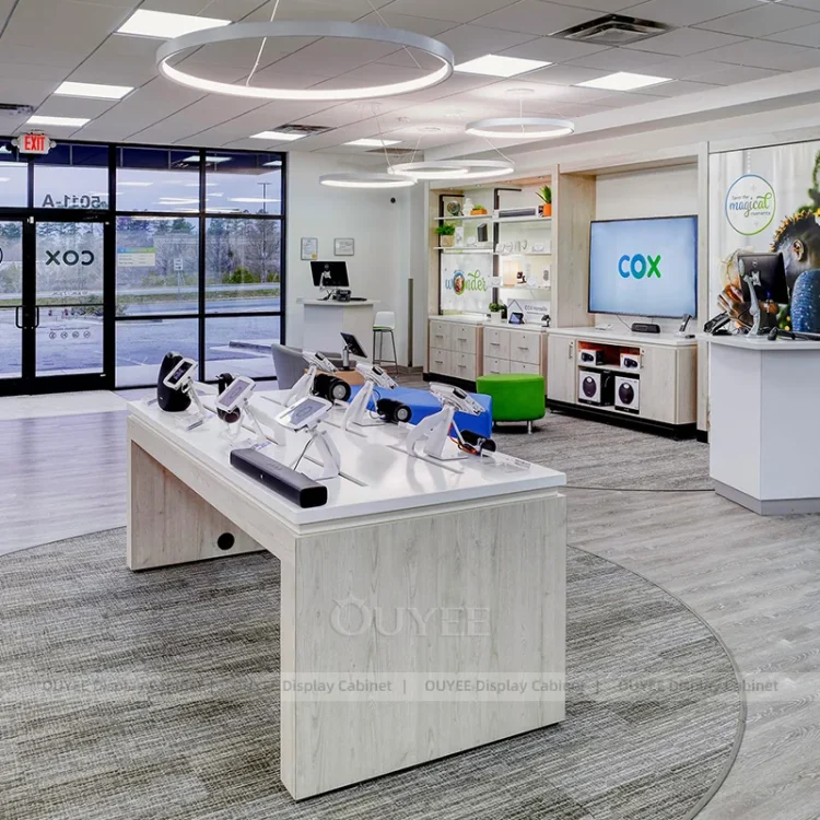Telecom Experience Demo Tables with Perimeter Cabinets | Custom Display ...