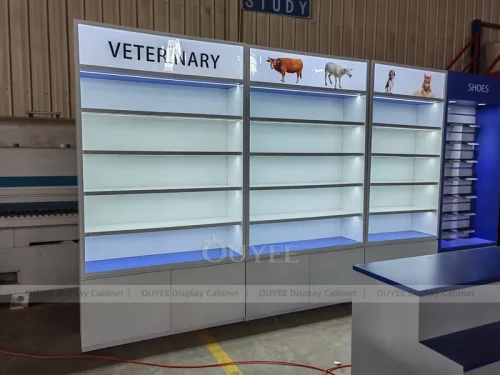 Veterinary Pharmacy Wall Blue Shelving Display
