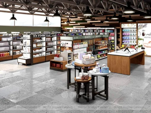 Warm Wood Beauty Retail Shelving and Center Tables 01