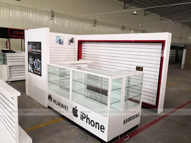 White And Wood Tone Phone Store Display Fixture