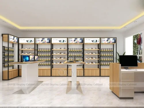 White And Wood Tone Phone Store Display Fixture