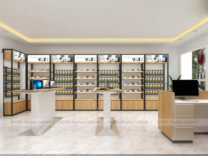 White And Wood Tone Phone Store Display Fixture