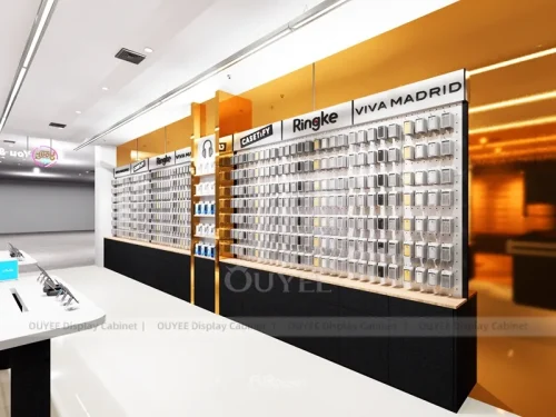 White And Wood Tone Phone Store Display Fixture