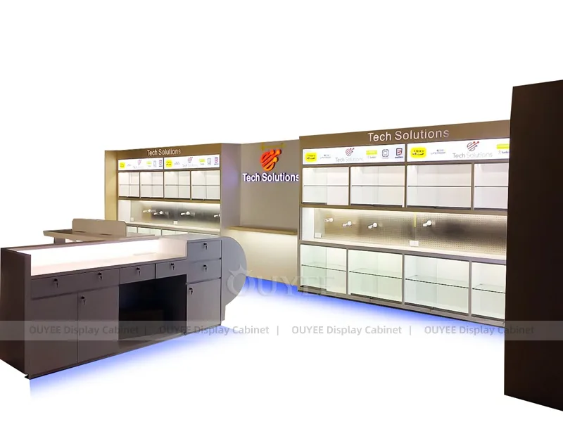 White And Wood Tone Phone Store Display Fixture
