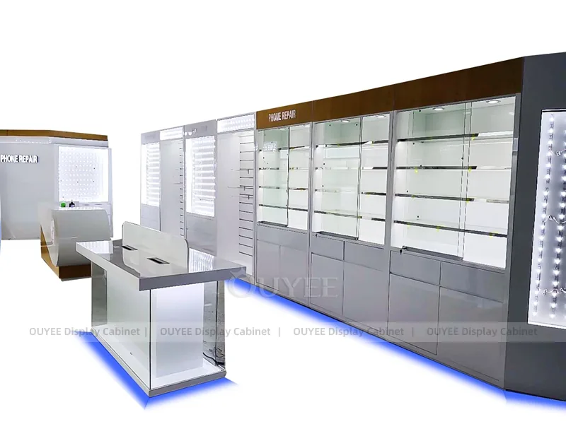 White And Wood Tone Phone Store Display Fixture - Image 4