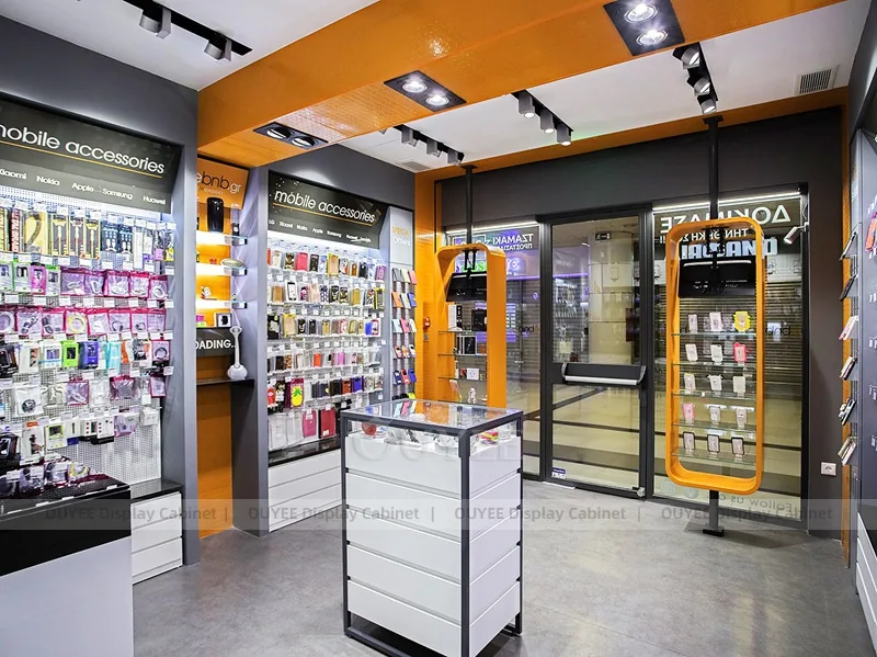 White And Wood Tone Phone Store Display Fixture