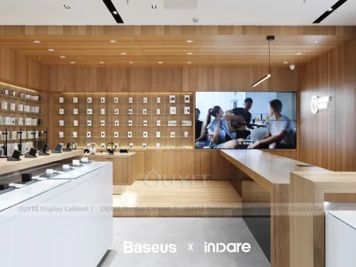 White And Wood Tone Phone Store Display Fixture