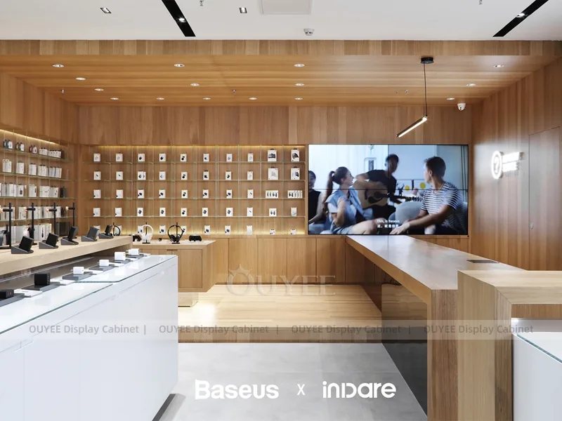 White And Wood Tone Phone Store Display Fixture