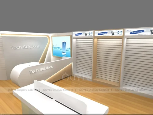 White And Wood Tone Phone Store Display Fixture