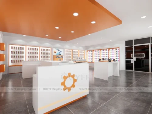 White And Wood Tone Phone Store Display Fixture