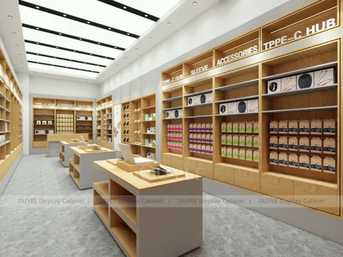 White And Wood Tone Phone Store Display Fixture