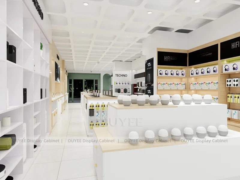White And Wood Tone Phone Store Display Fixture