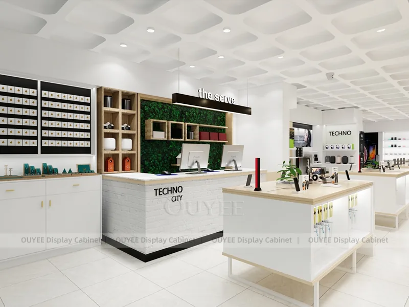 White And Wood Tone Phone Store Display Fixture - Image 4