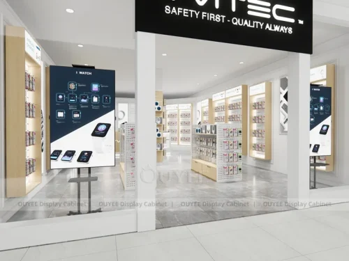White And Wood Tone Phone Store Display Fixture