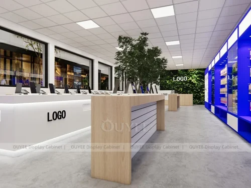 White And Wood Tone Phone Store Display Fixture