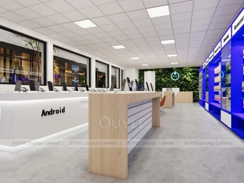White And Wood Tone Phone Store Display Fixture