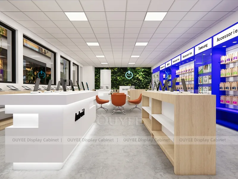 White And Wood Tone Phone Store Display Fixture - Image 2