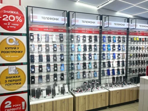 White And Wood Tone Phone Store Display Fixture