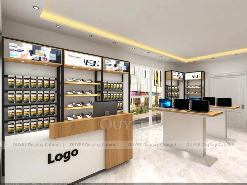 White And Wood Tone Phone Store Display Fixture