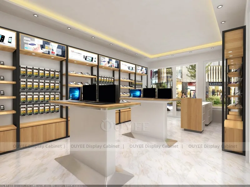 White And Wood Tone Phone Store Display Fixture - Image 2