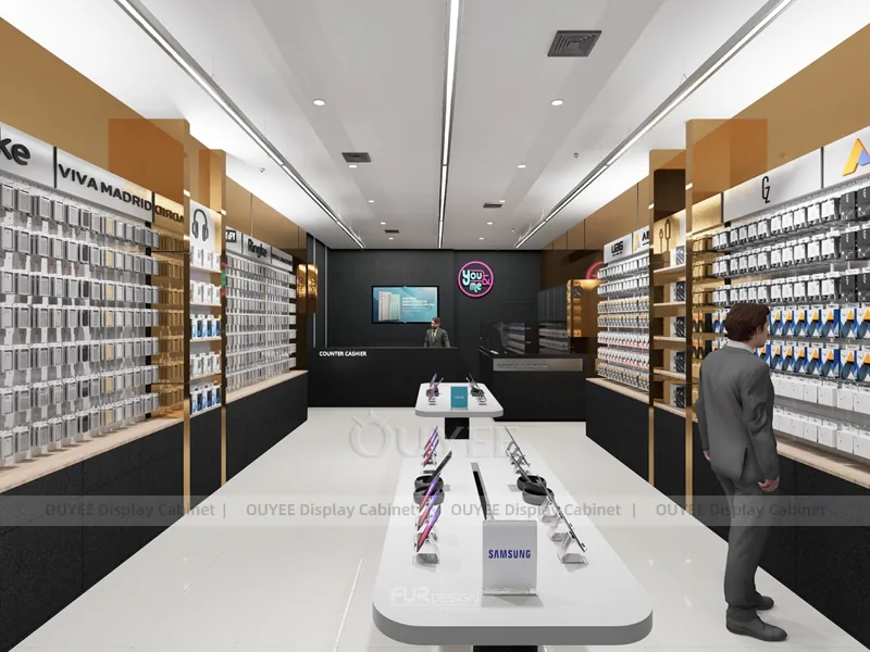 White And Wood Tone Phone Store Display Fixture