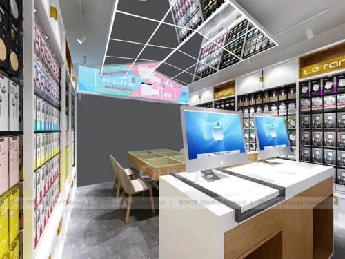 White And Wood Tone Phone Store Display Fixture