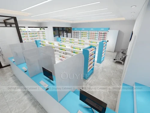 White Blue Pharmacy Central Gondola Shelving