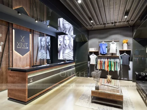Wood Cashier Feature Wall Clothing Store Display