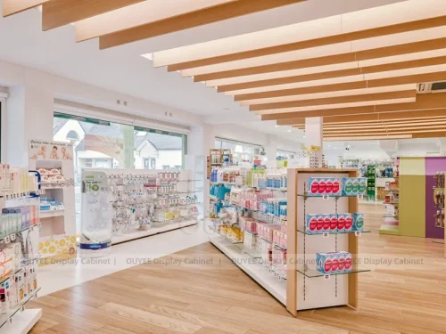 Wood Ceiling Pharmacy Shelving With Warm Canopy