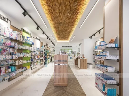 Wood Ceiling Pharmacy Shelving With Linear Canopy