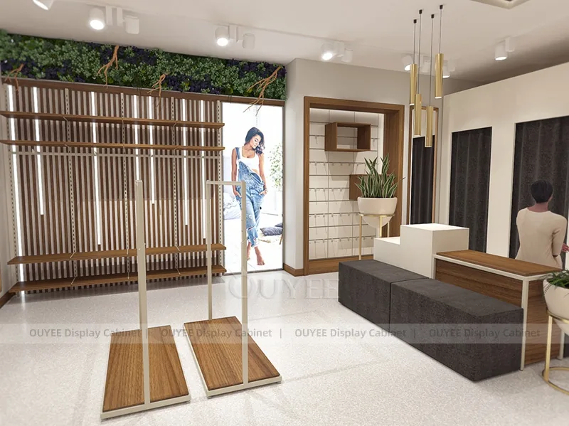 Wood Slat Fitting Area Clothing Store Display