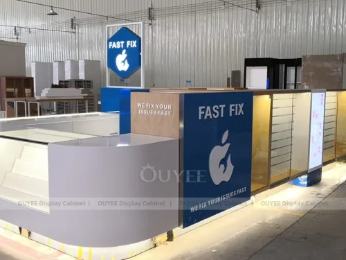 Wood Tone And Blue Phone Store Display Fixture
