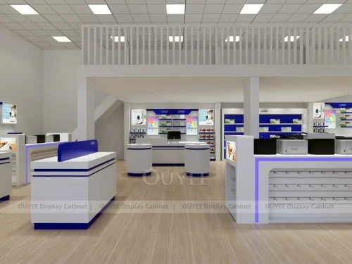 Wood Tone And Blue Phone Store Display Fixture