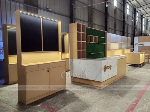 Wood Tone And Gold Phone Store Display Fixture