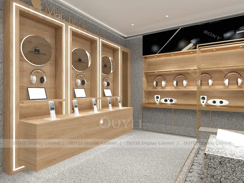 Wood Tone And Gold Phone Store Display Fixture - الصورة 4