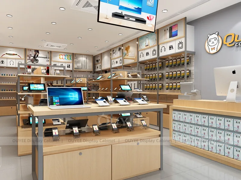 Wood Tone And Gold Phone Store Display Fixture - الصورة 7