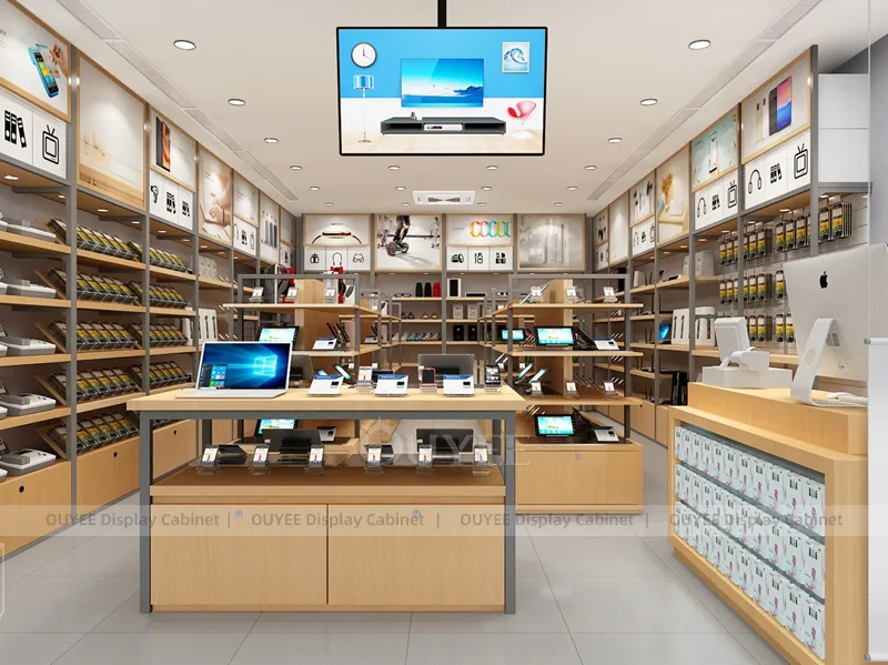 Wood Tone And Gold Phone Store Display Fixture - الصورة 8