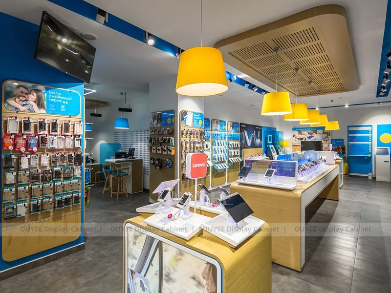 Wood Tone And Gold Phone Store Display Fixture
