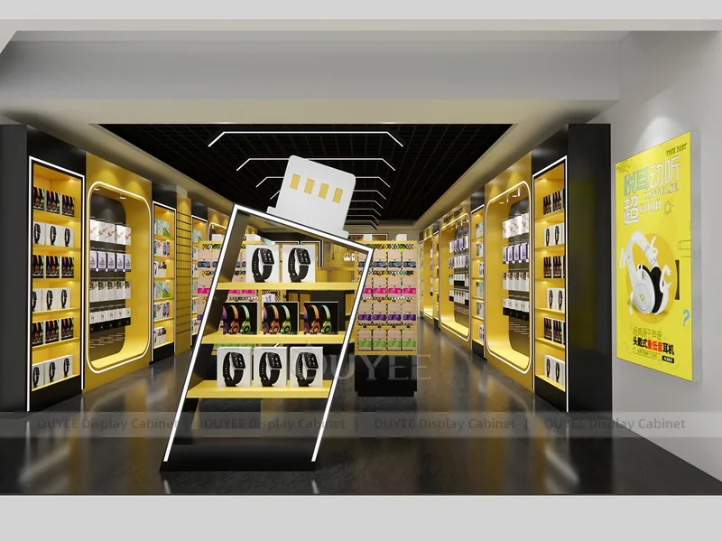 Wood Tone And Gold Phone Store Display Fixture
