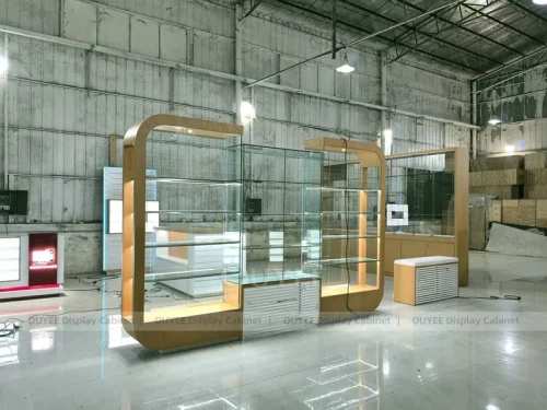 Wood Tone And Gold Phone Store Display Fixture