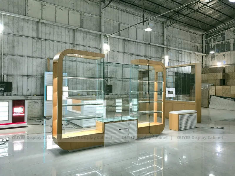 Wood Tone And Gold Phone Store Display Fixture