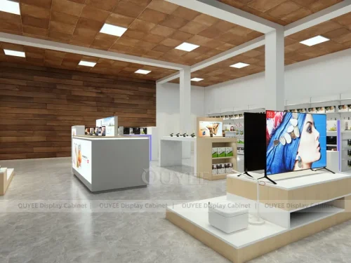 Wood Tone And Orange Phone Store Display Fixture